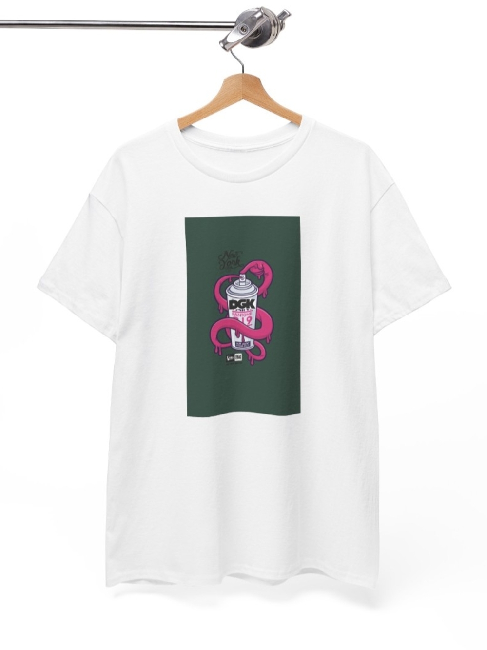Gildan White Short Sleeve Tee with Pink Snake & Green Panel Graphic